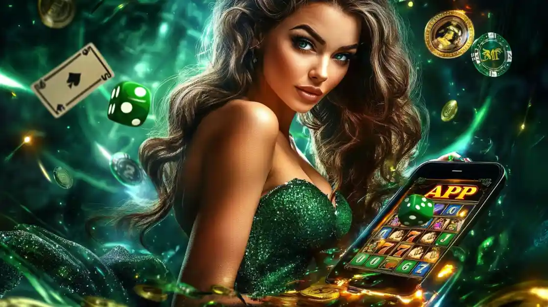 An enchanting woman surrounded by cards, dice, and coins, alongside a smartphone featuring the 222bet gaming app.
