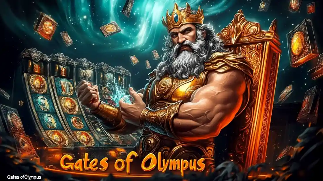 A majestic Zeus figure on a golden throne, surrounded by floating cards and a 222bet slot machine, with Gates of Olympus prominently displayed, inviting players to a mythical gaming experience.
