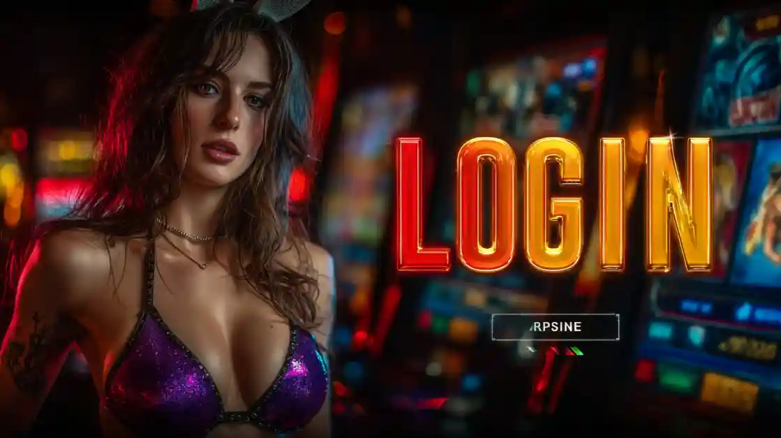 A captivating woman stands beside a LOGIN interface, with 222bet slot machines softly blurred in the background, inviting users to enter the world of 222bet.