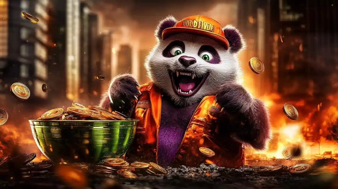 A cheerful panda character surrounded by golden coins, symbolizing wealth and good fortune with 222bet.