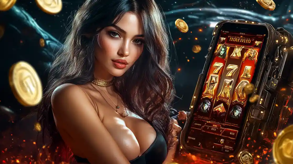 A confident woman holds a smartphone displaying a 222bet mobile slot game with 777 symbols and golden coins.